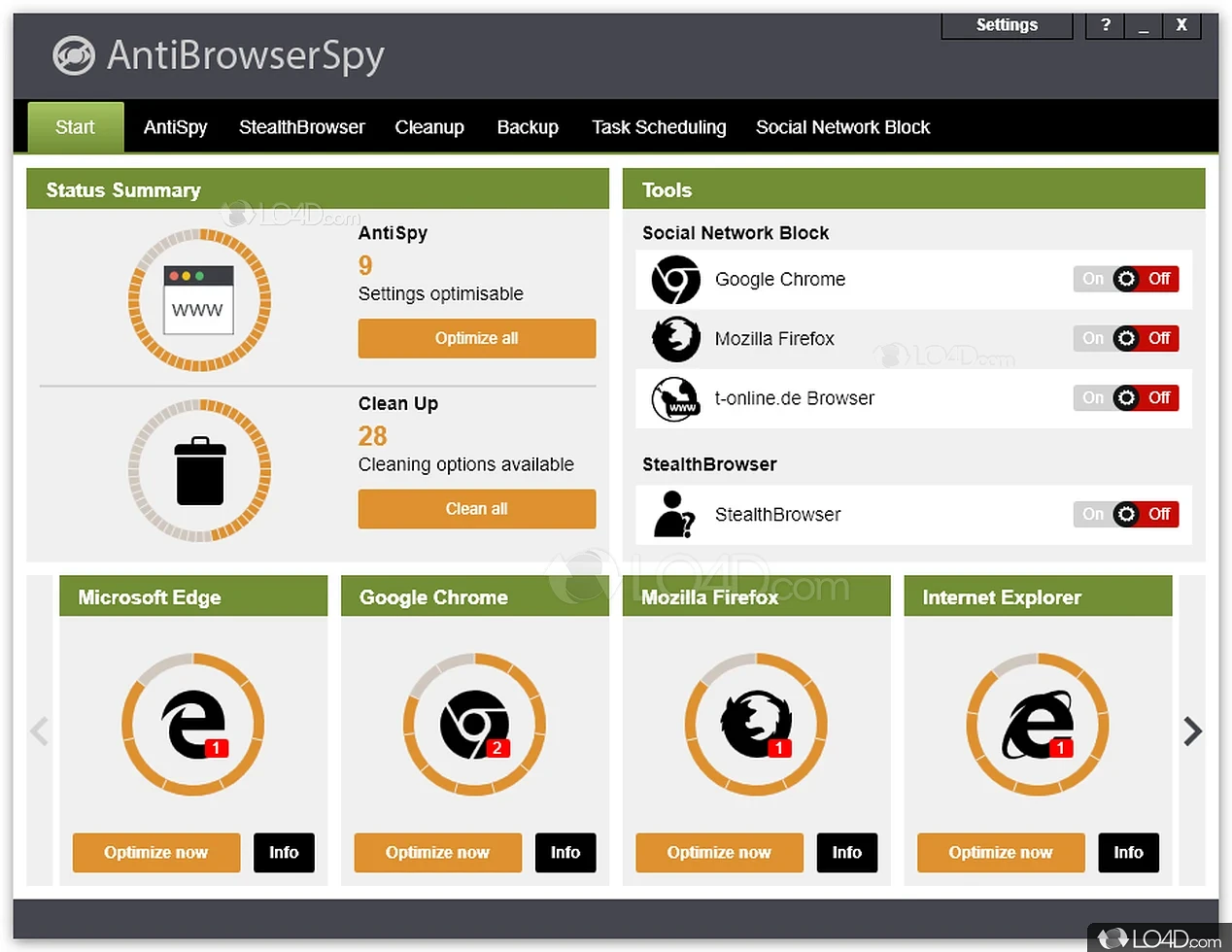Clean, optimize and schedule tasks - Screenshot of AntiBrowserSpy