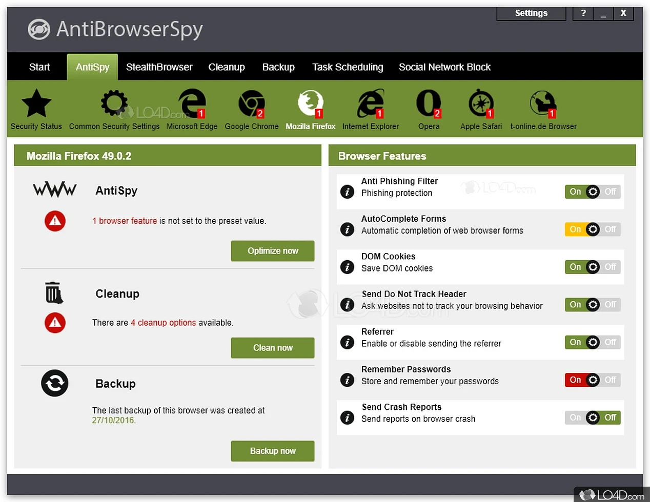 Improve the security of installed web browsers - Screenshot of AntiBrowserSpy