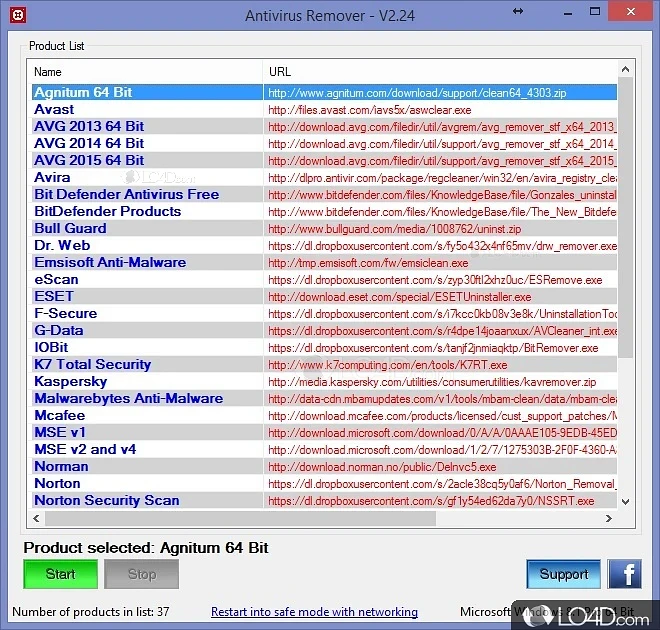 Individual uninstalling tools for multiple antivirus software - Screenshot of Antivirus Remover