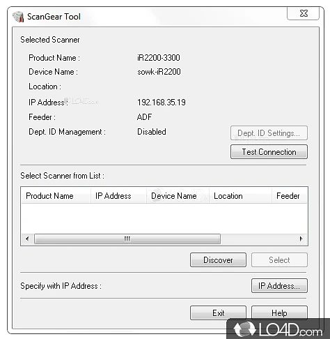 Software package to provide users with a means of sharing a scanner over the local network (LAN) - Screenshot of Canon Color Network ScanGear
