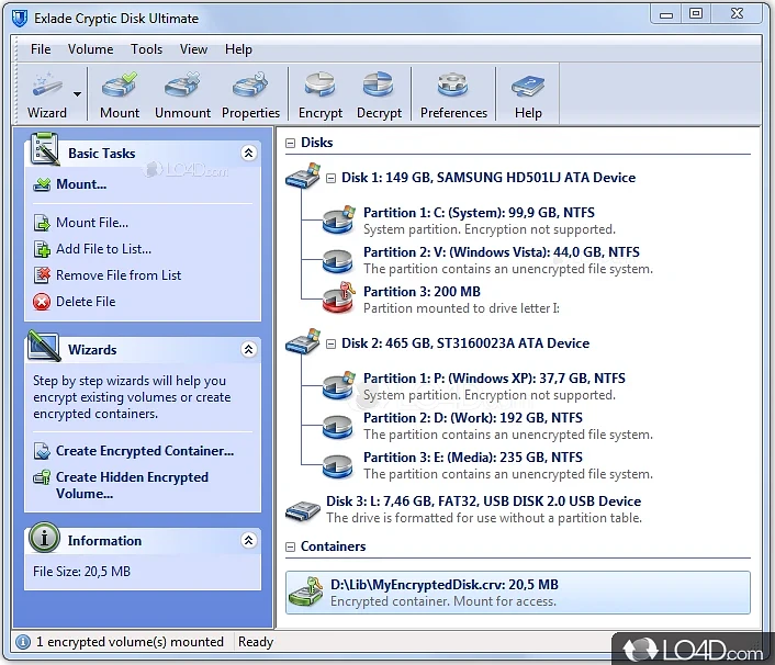 Encrypt and decrypt disk partitions, as well as other external devices, and create encrypted containers - Screenshot of Cryptic Disk