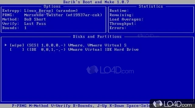 Permanently delete data from hard disk - Screenshot of DBAN (Darik's Boot and Nuke)