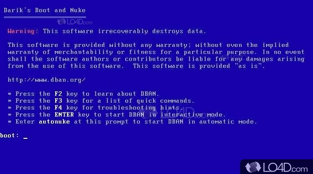 Usability and functionality - Screenshot of DBAN (Darik's Boot and Nuke)