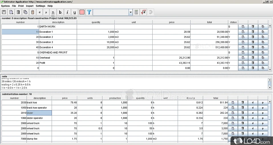 Approximate the costs of a contract, as well as keep track on projects - Screenshot of Estimator