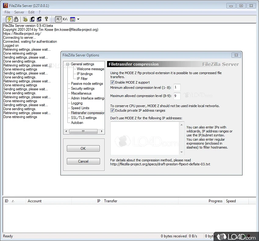 FTP server with SFTP support to transfer files - Screenshot of FileZilla Server