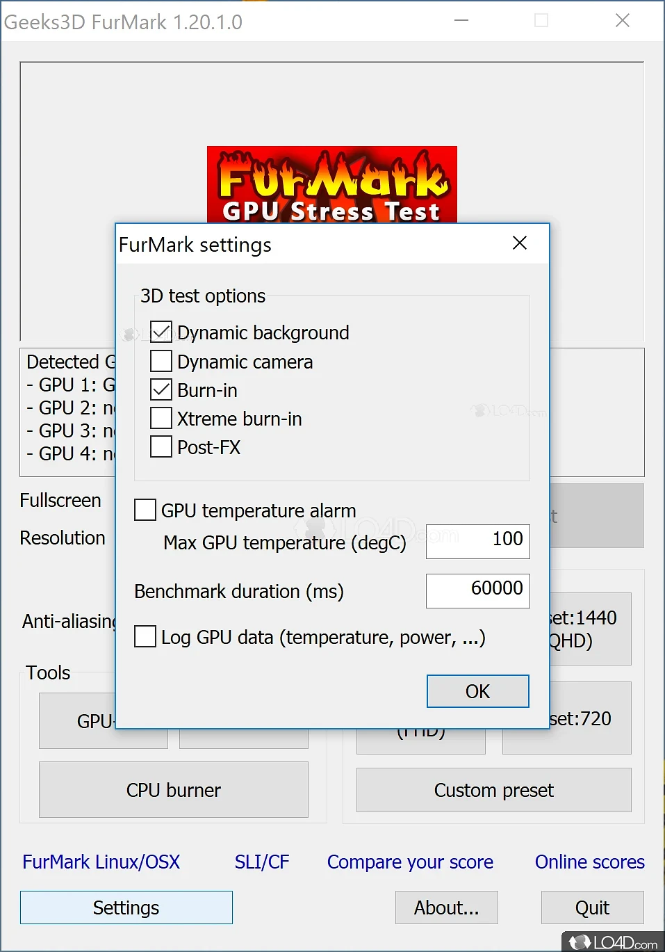 Test case results for Furmark benchmark