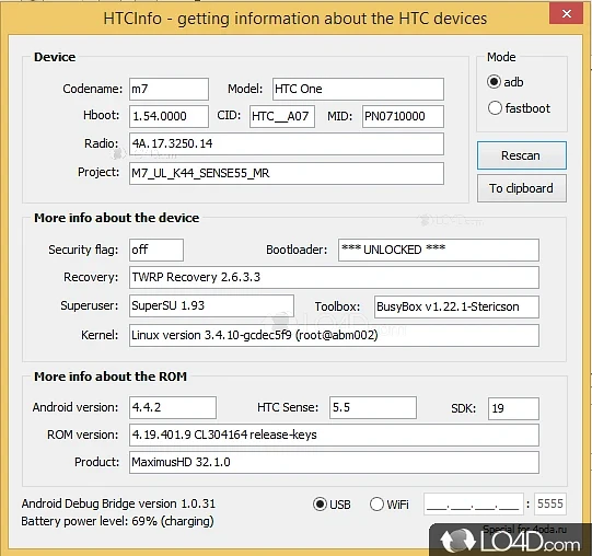 Gathers information about Android HTC phones - Screenshot of HTCInfo