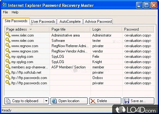 Internet Explorer Password Revealer: User interface - Screenshot of Internet Explorer Password Revealer