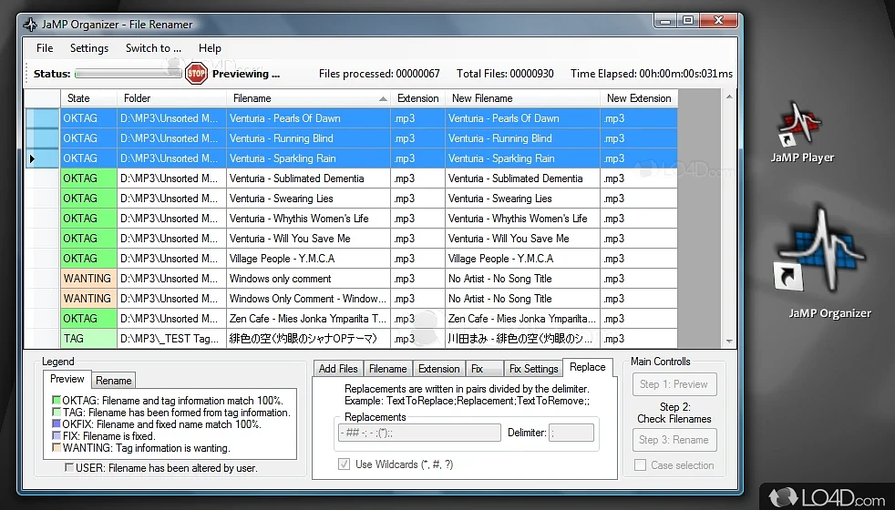 Software utility that can rename audio files in batch - Screenshot of JaMP Organizer