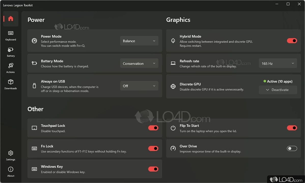 Customize your Lenovo laptop settings - Screenshot of Lenovo Legion Toolkit