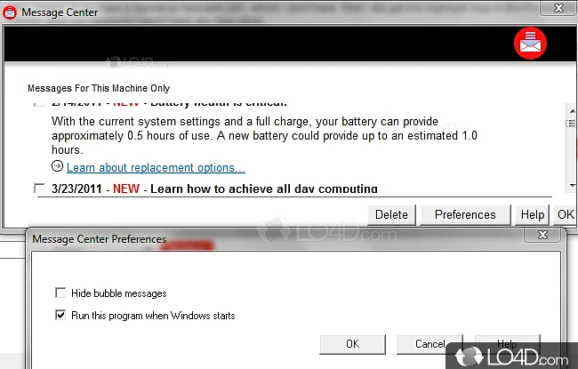 Access updates and important information directly from Lenovo - Screenshot of Message Center Plus