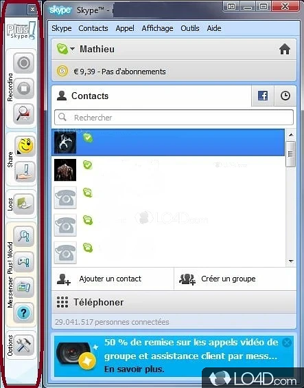 Skype add-on that can record video and audio conversations, lock Skype window and input a passkey, or use various animations - Screenshot of Messenger Plus! for Skype