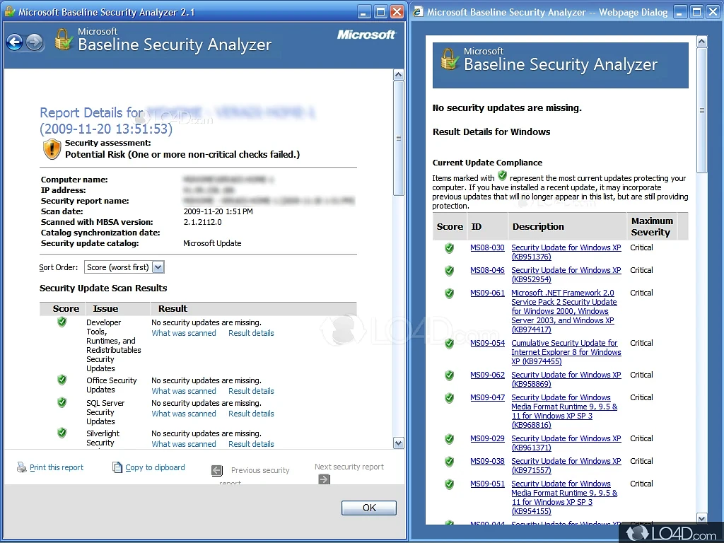 Scan PC or other PCs you are administering for common system misconfigurations so address them - Screenshot of Microsoft Baseline Security Analyzer