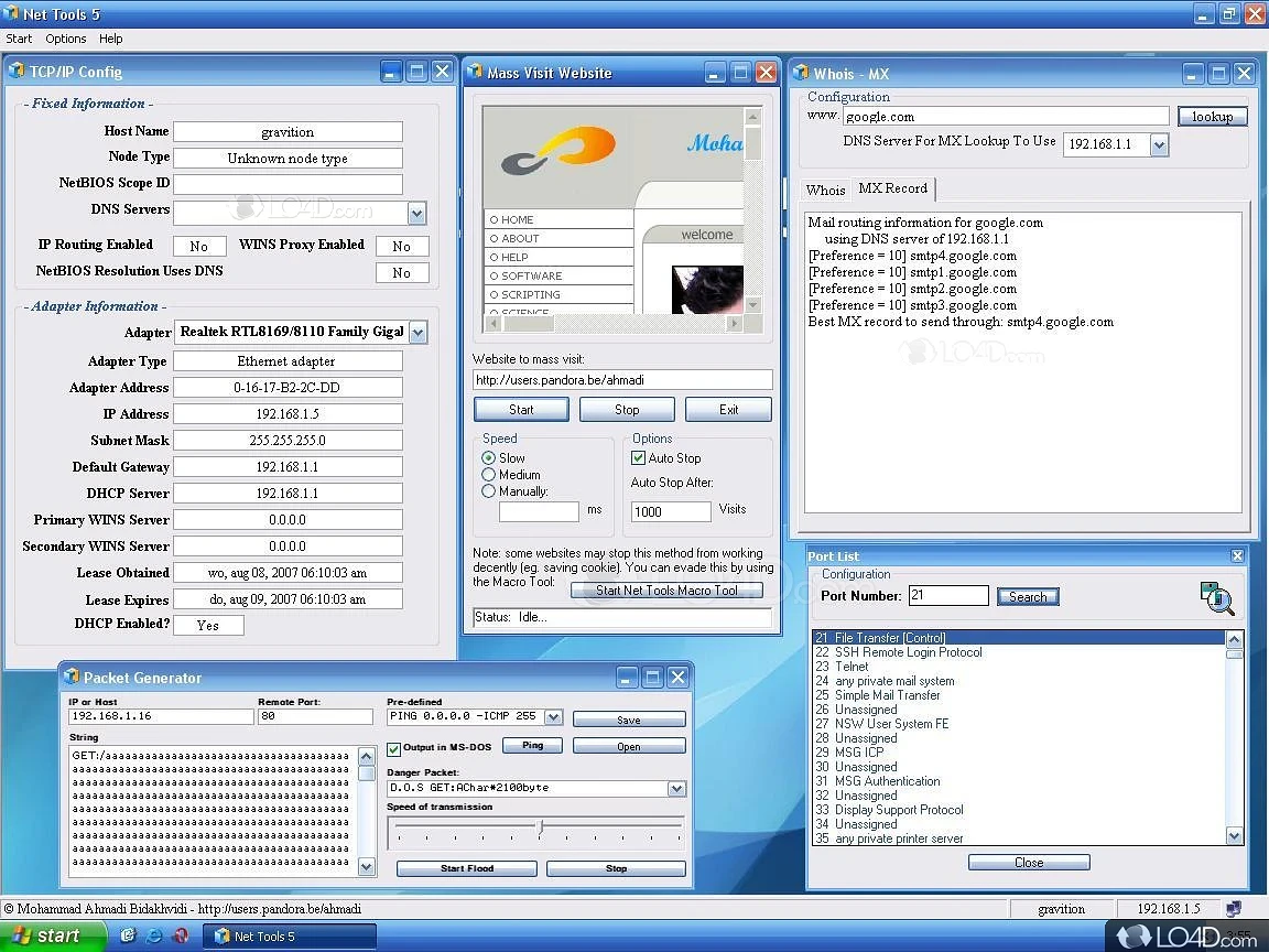 Finger, whois and throughput commands - Screenshot of NetTools