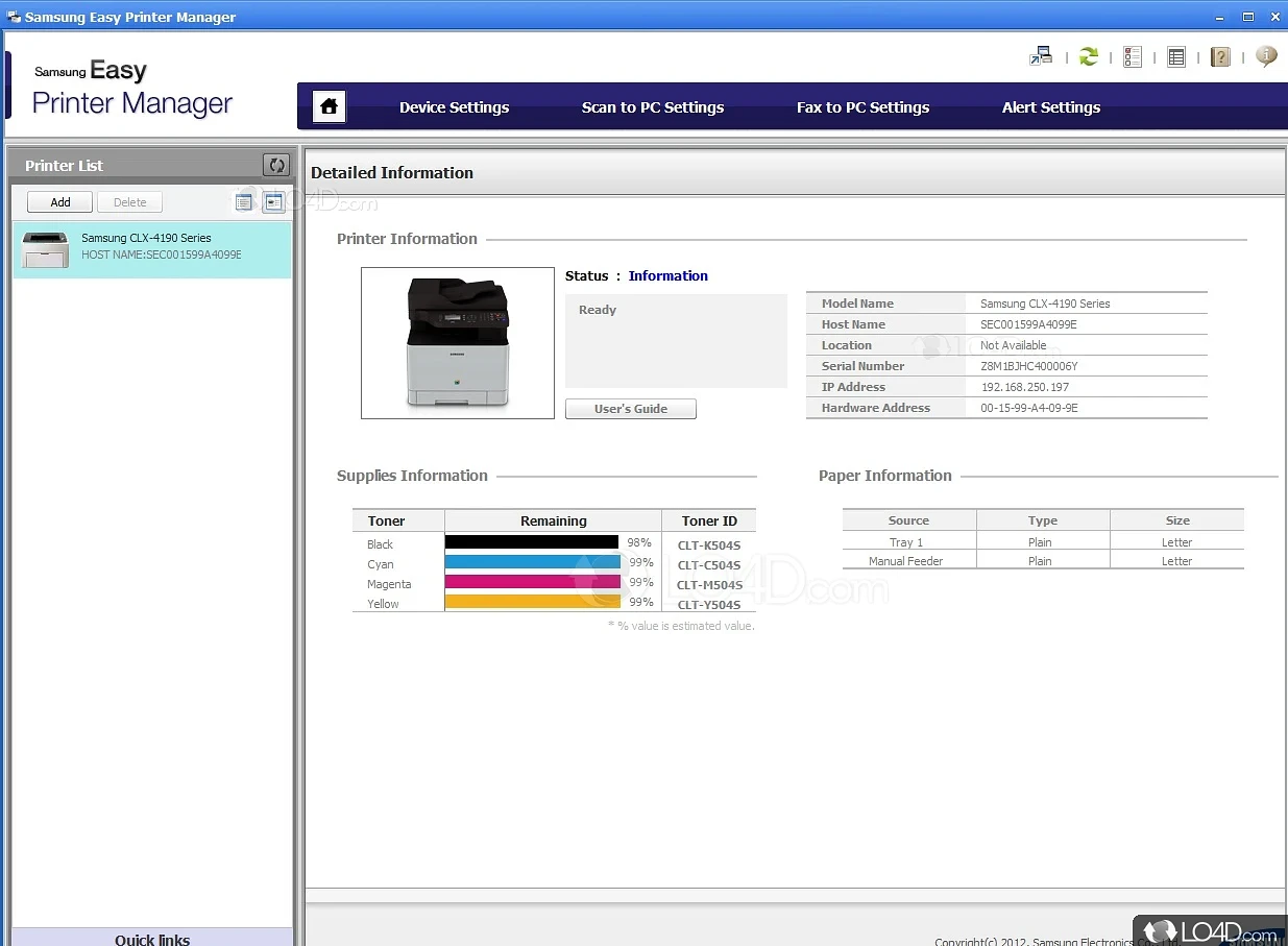 Helps you easily control the printers on the network - Screenshot of Samsung Easy Printer Manager