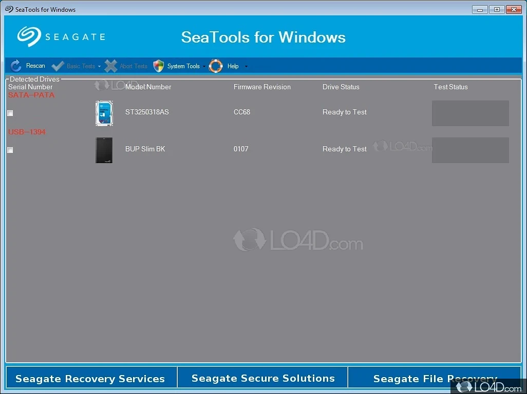 Diagnostic tool, for both Seagate and non-Seagata drives - Screenshot of SeaTools for Windows