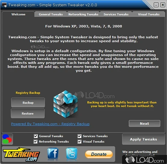Simple System Tweaker: User interface - Screenshot of Simple System Tweaker