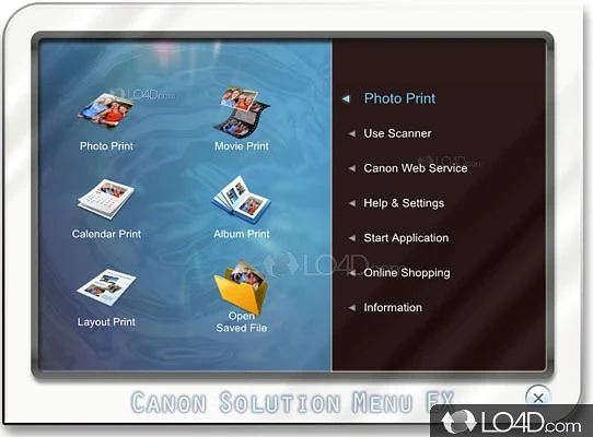 Allows you to access the features of the installed Canon devices from a single menu that displays the functions - Screenshot of Solution Menu EX