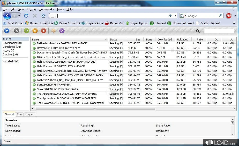 Provides a remote control for a running uTorrent Bit Torrent client - Screenshot of uTorrent WebUI
