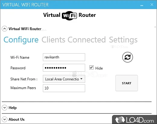 To manage and configure tool that will enable you to transform computer into a WiFi hotspot and connect to other people - Screenshot of Virtual WiFi Router