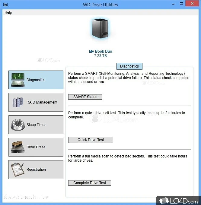 Manage, tweak the functionality and diagnose potential problems you suspect with Western Digital drive - Screenshot of WD Drive Utilities