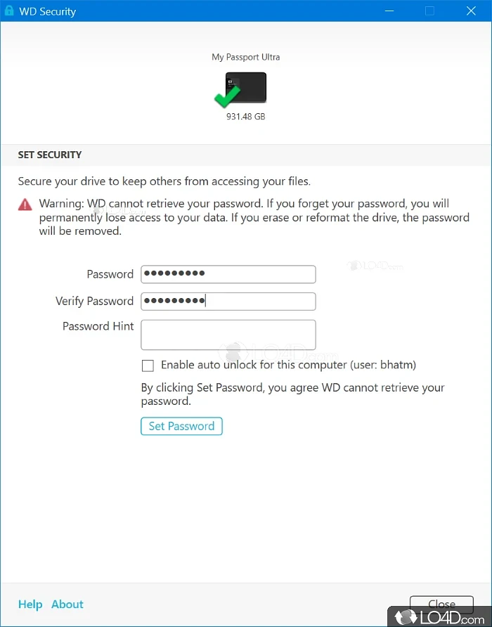 Connect your My Passport drive to your Windows PC and secure it - Screenshot of WD Security