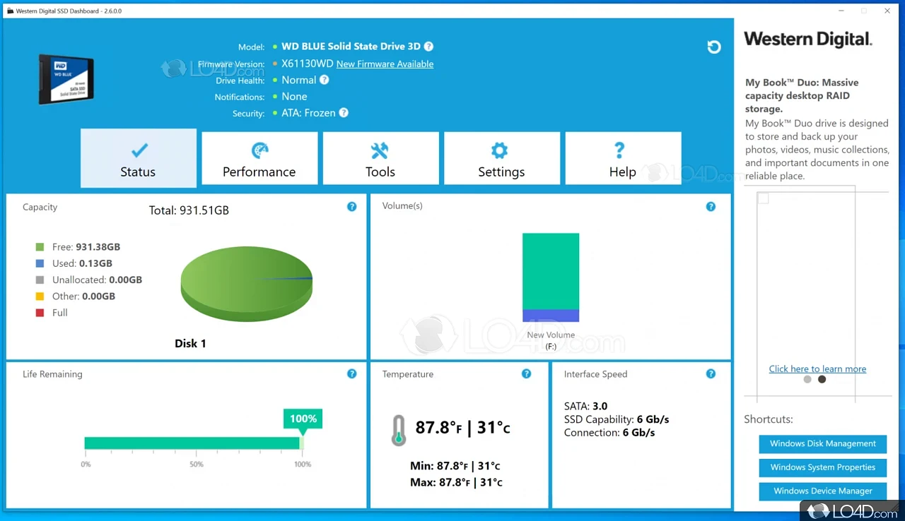 WD SSD Dashboard: Optimize your SSD - Screenshot of WD SSD Dashboard