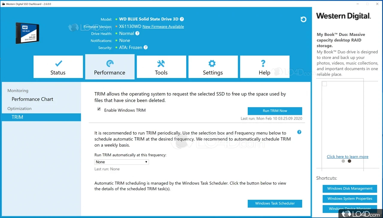 Perform maintenance operations - Screenshot of WD SSD Dashboard