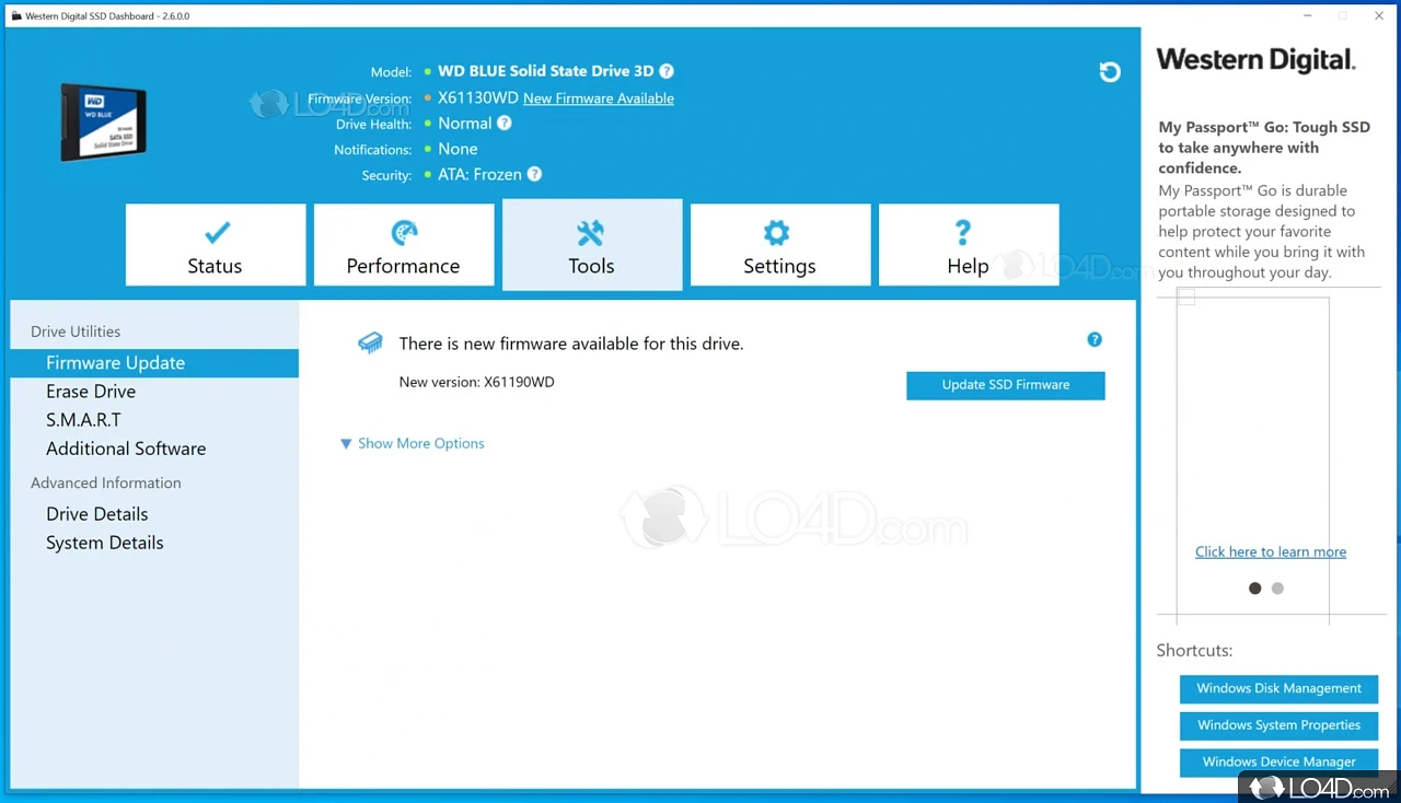 Sends email alerts - Screenshot of WD SSD Dashboard