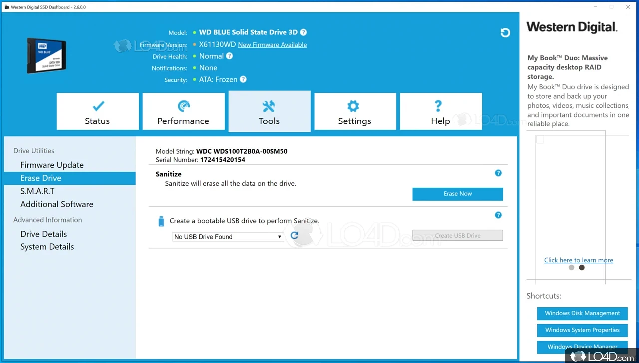 Handy SSD optimization tool - Screenshot of WD SSD Dashboard