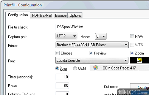 Screenshot of Printfil - Enables users to print from various programs to Windows, USB