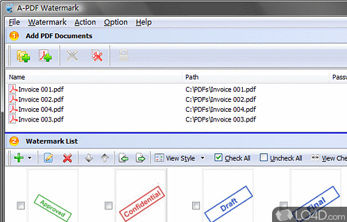 Screenshot of A-PDF Watermark - Add watermarks to Acrobat PDF documents and easily manipulate watermarks or print documents directly from this piece of software