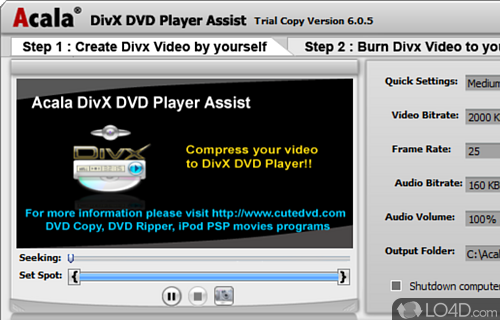Provides users with the possibility to burn avi, divx, xvid, mpeg, wmv - Screenshot of Acala DivX DVD Player Assist