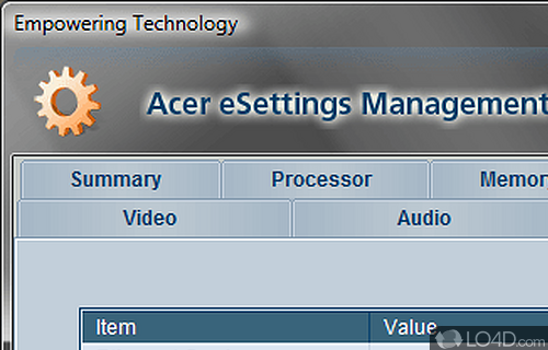 Screenshot of Acer eSettings Management - For system management that makes it possible for Acer laptops users to configure various system