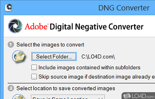 Converts camera raw image files to DNG file format quickly - Screenshot of Adobe DNG Converter