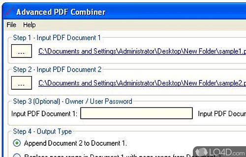 Screenshot of Advanced PDF Combiner - Input directory and combine two PDF files using one of the five different manipulation conditions given