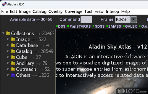 Is designed to retrieve sky atlases, astronomical images - Screenshot of Aladin