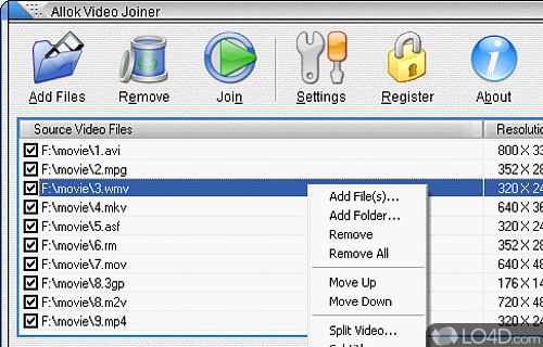 Screenshot of Allok Video Joiner - Merge multiple AVI, Divx, XviD, MPEG, WMV, ASF, RM, MOV, 3GP, MP4, FLV files into one large file in various format