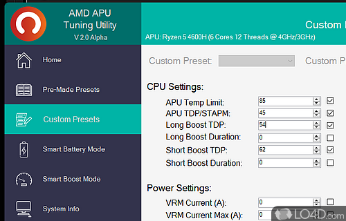 Screenshot of AMD APU Tuning Utility - Make the most out of Ryzen Mobile APU graphics card with the embedded presets