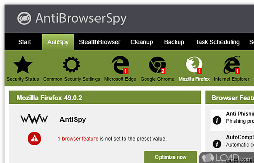 Screenshot of AntiBrowserSpy - Improve the security of installed web browsers