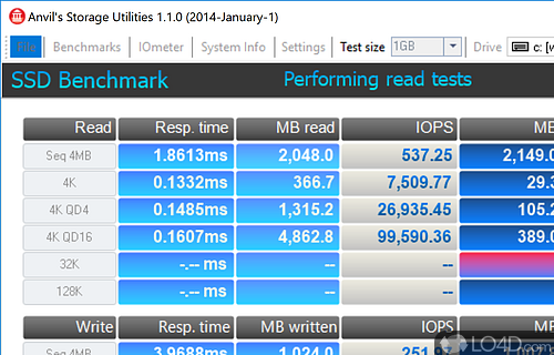 Using this app perform endurance tests and benchmark the performance of hard drive or solid state disks - Screenshot of Anvils Storage Utilities