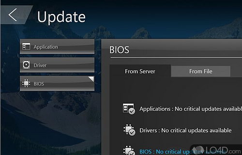 Screenshot of ASUS Manager Update - Save, manage and update the BIOS of ASUS motherboard so that it benefits from the latest security fixes and features