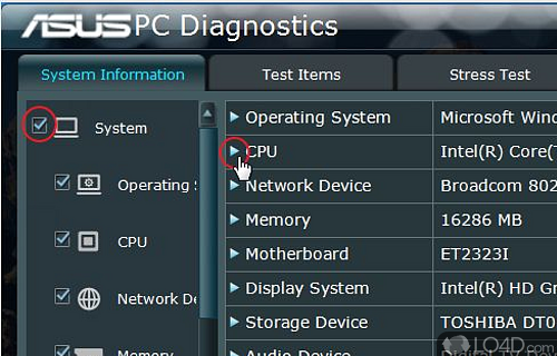 Screenshot of ASUS PC Diagnostics - Utility designed to test System Information, System Devices