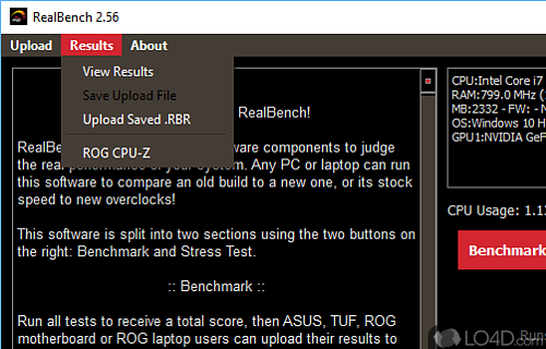 Test your CPU, your memory and your GPU in various scenarios - Screenshot of Asus RealBench