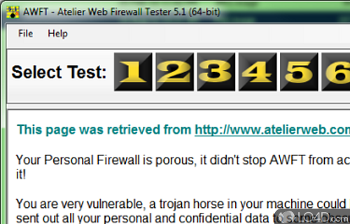 Screenshot of Atelier Web Firewall Tester - Software utility that helps check firewall strength by performing a wide variety of tests