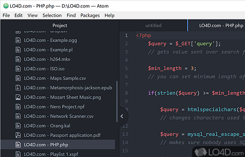 Text and source code editor with syntax highlighting that can also functions as a file viewer - Screenshot of Atom Editor