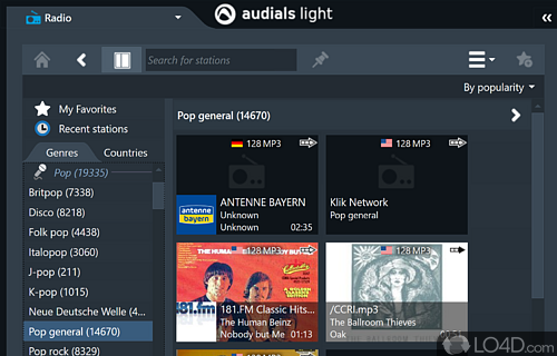 Listen to radio, watch podcasts, enjoy music television, search for music - Screenshot of Audials Light