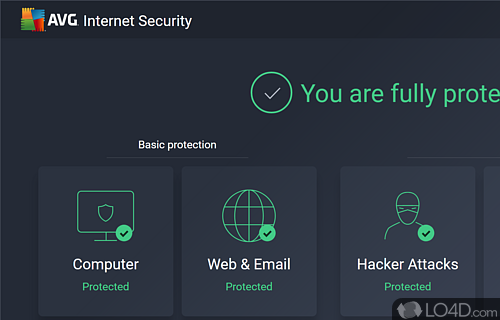 System, web and mail, hacker attack, private data and payment shields - Screenshot of AVG Internet Security