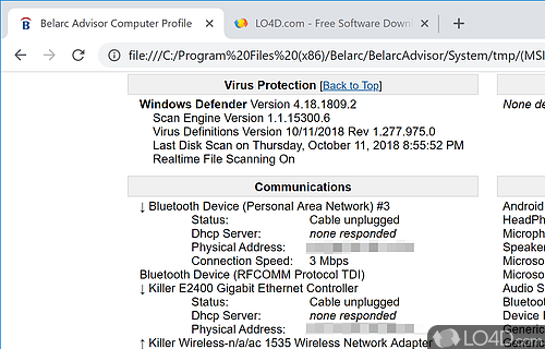 Rapid setup and automatic computer scan - Screenshot of Belarc Advisor