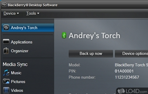 Screenshot of BlackBerry Desktop Software - Manage the phone. Create backup, transfer files